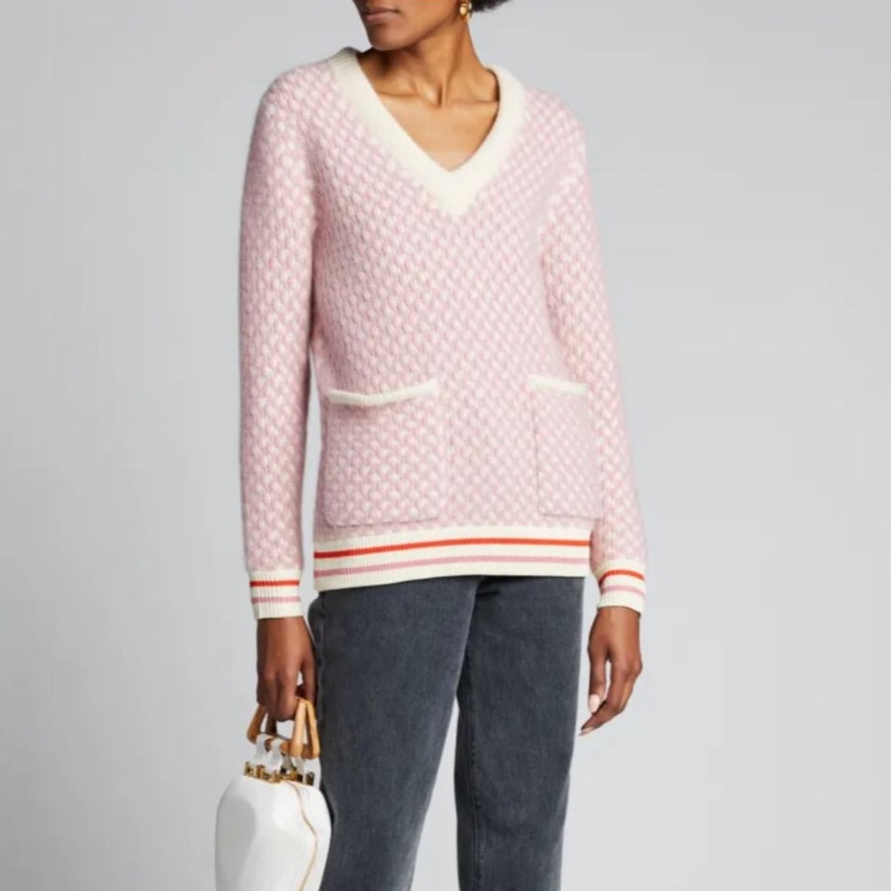 KULE Pink V-Neck Pocket Sweater with Cream Trim and Striped Hem